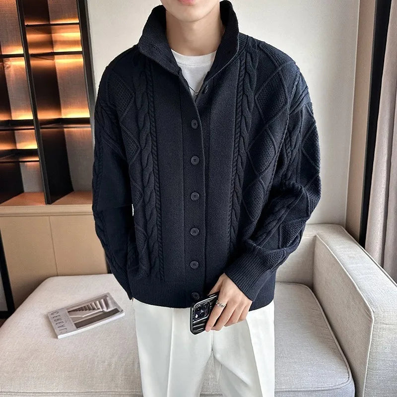 Threebooy  New Korean Style Jacquard Men Cardigan Jackets Fashion Luxury Knitted Button-down  Long Sleeve Sweater Coat Winter Warm Knitwear