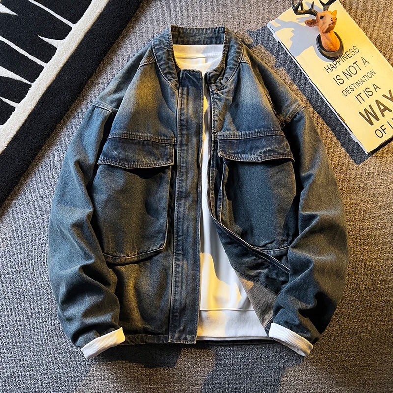 Threebooy  Spring Autumn Old Blue Loose Large Pocket Stand Collar Denim Jacket Men's Retro American High Street Zipper Jacket Top Urban