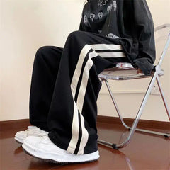 Threebooy Trend Versatile Straight Sports Pants Men Patchwork Side Stripe Elastic Waist Drawstring Pocket Casual Student Wide Leg Trousers