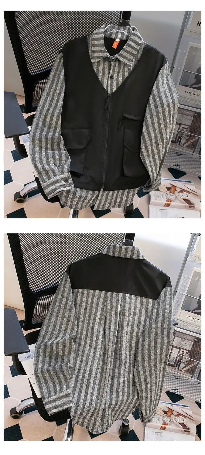 Threebooy Japanese Spring/Autumn Retro Stripe Fake Two Piece Splicing workwear Shirt for Men and Women Loose Couple Retro Casual Top y2k