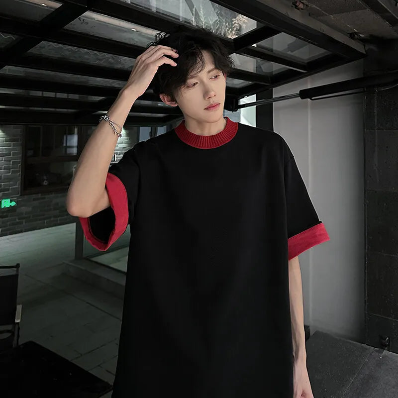 Threebooy  Men Loose Fit Round Neck Contrast Collar Tshirt Trendy Streetwear Casual Comfort Top Unique Style Summer Fashion Daily Wear