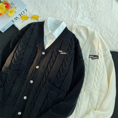 Threebooy Letter Twists Cardigan Sweater Men New Preppy Grunge Cityboy Knit Jacket Japan Couple Casual V-neck Sweater Coat