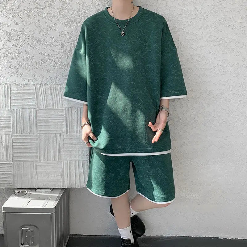 Threebooy  T-shirt set men Men Printed Loose Fit Round Neck T-Shirt Elastic Waist Shorts Set Summer Casual Comfortable Beachwear Streetwear