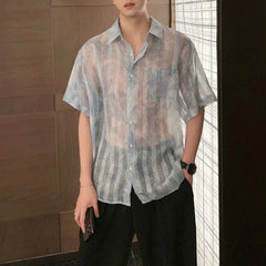 Threebooy Men Striped See-Through Tie-Dye Mesh Short-Sleeve Casual Shirt 2024 New Genderless Fashion Night Club Sexy Loose Shirt Unisex