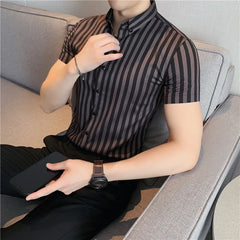 Threebooy Men's Summer Casual Short-Sleeved Shirts/Male Slim Fit Stripe Fashion Lapel Business Dress Shirts Tops Plus Size S-4XL