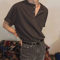 Threebooy  New Fashion Korean Style Men T-shirt Light Luxury Henry Collar Tops Casual Loose High Quality Solid Color Half Sleeve Tees M-2XL