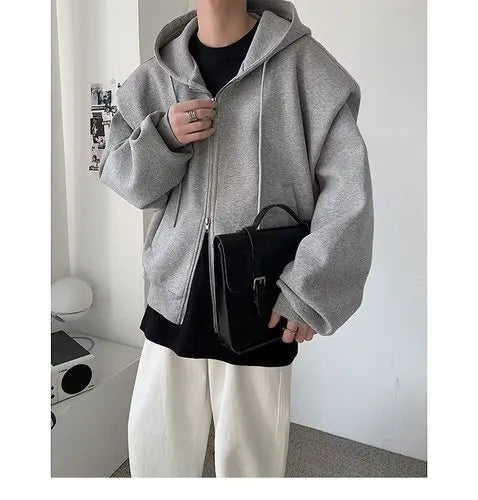 Threebooy Autumn Korean Zipper Hoody Large Silhouette Hooded Composite Shoulder Pad Cardigan Jacket Men Casual Handsome Hooded Sweatshirt