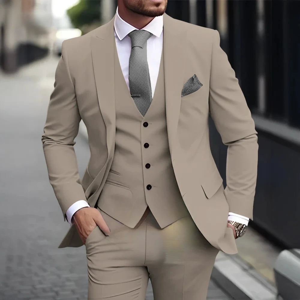 Threebooy  Fashion Men's 3 Piece Suit Classic Peak Lapel Business Formal Wedding Groom Slim Fit Elegant Gentleman Style Fashion