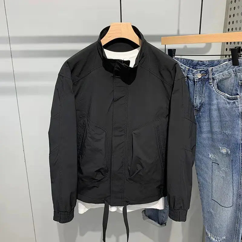 Threebooy  Spring Autumn Coat New Korean Personalized Standing Collar Jacket Men's Trendy Loose Casual Solid Cargo Youth Windproof Jacket