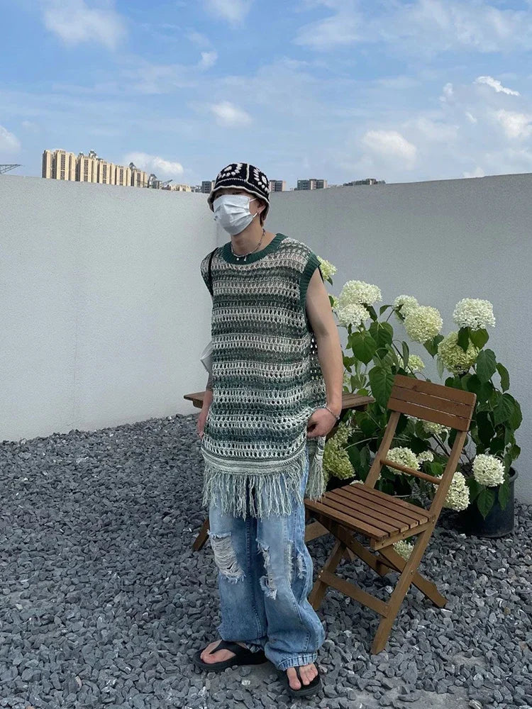 Threebooy Striped Mesh Vest for Men Vintage Knit Tank Tops Sleeveless Tee Male Casual Summer Beach Japanese Streetwear Hip Hop