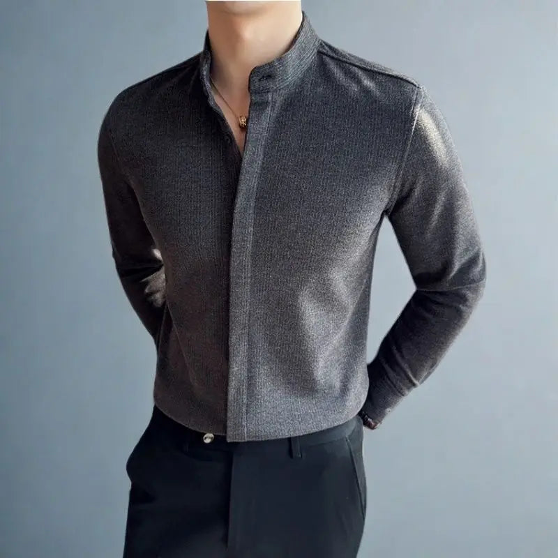 Threebooy  Men's Woolen Long-sleeved Shirt Warm Autumn and Winter Large Size Slim Light Luxury Versatile Handsome Shirt