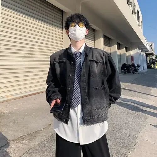 American Vintage Denim Jackets for Men Frayed Designed Harajuku Korean Fashion Streetwear Trendy Y2k Jacket Casual High Street