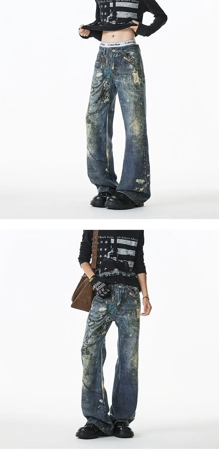 Threebooy Jean Men Unique Design Graffiti Street Style Drag Jeans Urban Trendy Fashion Distressed Long Fit Casual Denim Pants Edgy Hip Hop