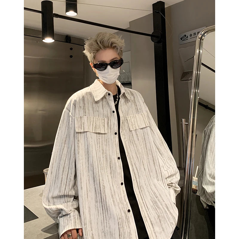 Threebooy Corduroy Printed Work Shirts Men's Single Breasted Casual Jacket Coats Men Korean Fashion Cityboy Long-sleeve Simple Shirt
