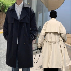 Threebooy Korean Style Trench Men Coat Male Streetwear Windbreaker Trenchcoat Solid Business Casual Streetwear Loose Long Overcoat