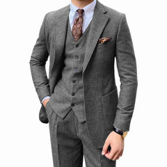 Threebooy  Men's herringbone suit two-piece set Notched lapel One Button Herringbone one-breasted vest jacket Coarse woolen fabrics