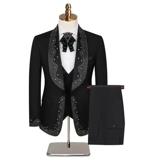 Threebooy  Fashion Men Luxury Wedding Suit 3 Piece Party Dress 3 Piece Customized Beaded Crystals Slim fit Tuxedos For Man
