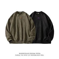 Threebooy  Retro Hip Hop Shirt Versatile Heavy Embroidered O-neck Sweatshirt Men's American Loose Couple Japan Style Pullover Top