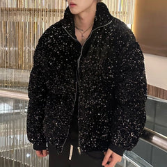 Threebooy Mens sequin casual jacket genderless 2024 new autumn winter fashion personality street trend youth thickened jacket unisex