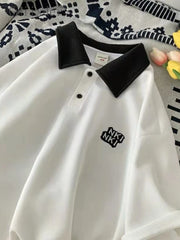 Threebooy Short-sleeved Shirt Women's Summer Retro Hong Kong Style Top Trendy Design Niche Loose Preppy Simple Letter Shirt