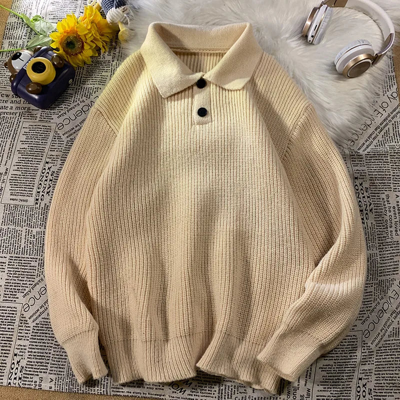 Threebooy Solid Color Polo Neck Sweater Men's Fashionable Winter Long-sleeved Sweater Japanese Retro Trend Couple Warm Coat Aesthetic