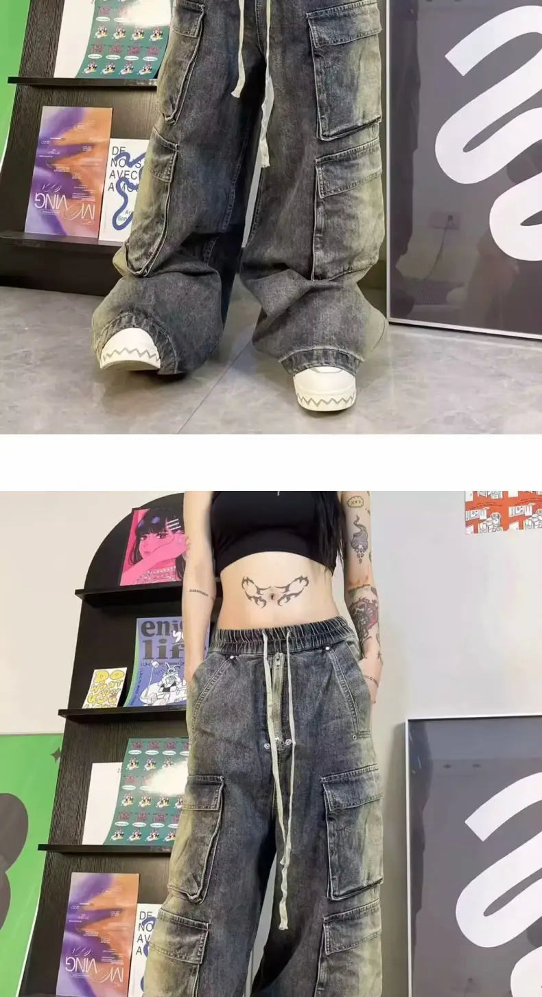 Threebooy Street men and women trendy and personalized hip-hop straight leg washed gradient jeans for couples loose casual Harajuku pants