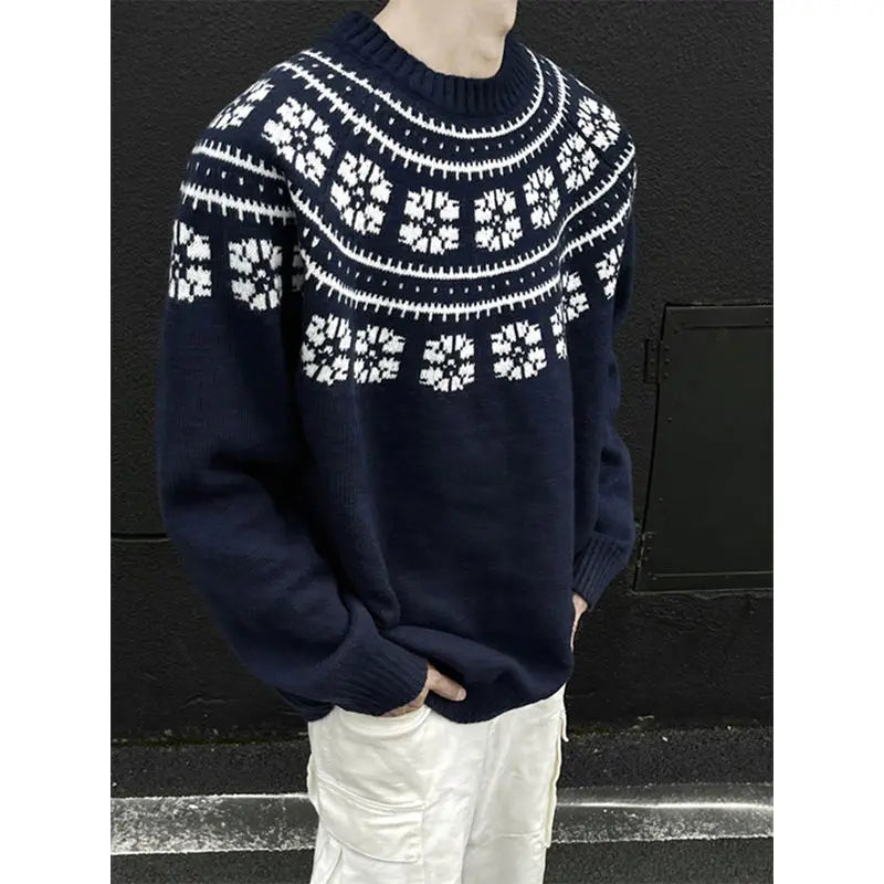 Threebooy Vintage Navy Blue Sweater Jacquard O-Neck Knit Pullover New Autumn Winter Loose Couple Knitted Sweater Tops Aesthetic Streetwear