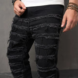 Threebooy Men High Street Stylish Ripped Patch Jeans Pants Male Loose Straight  Solid Casual Denim Trousers