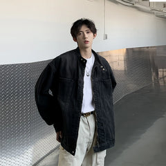 Threebooy  New High Street Men's Zip-up Denim Jackets Casual Washed Streetwear Stand Collar Texture Korean Harajuku Retro Long Sleeve Coats