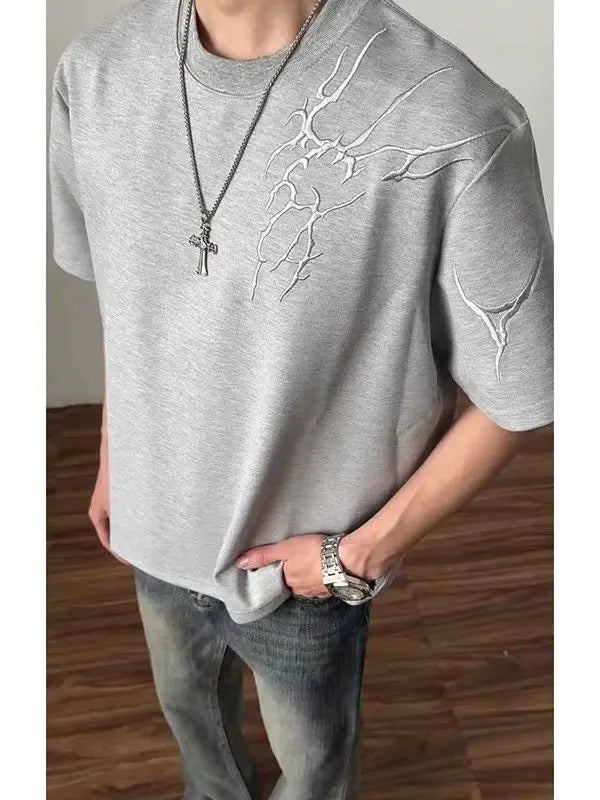 Threebooy Flower Grey Lightning Embroidered Short-sleeved Men's 2025 Summer Versatile Shoulder T-shirt Five-point Sleeve T-shirt Bottoming