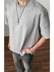 Threebooy Flower Grey Lightning Embroidered Short-sleeved Men's 2025 Summer Versatile Shoulder T-shirt Five-point Sleeve T-shirt Bottoming