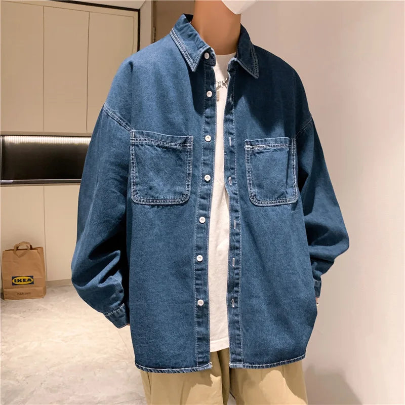 Threebooy  Denim Long-sleeved Shirt Men's Solid Color Autumn Korean Style Trendy Simple Shirt Hong Kong Style Loose and Handsome Ins Jacket