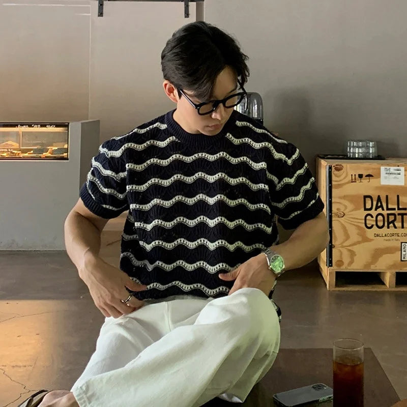 Threebooy  2025 Summer Men's Knit Jacquard Short Sleeve T-shirts Striped Hollow Out Casual Tshirts New Y2K Vintage Streetwear Tee Tops