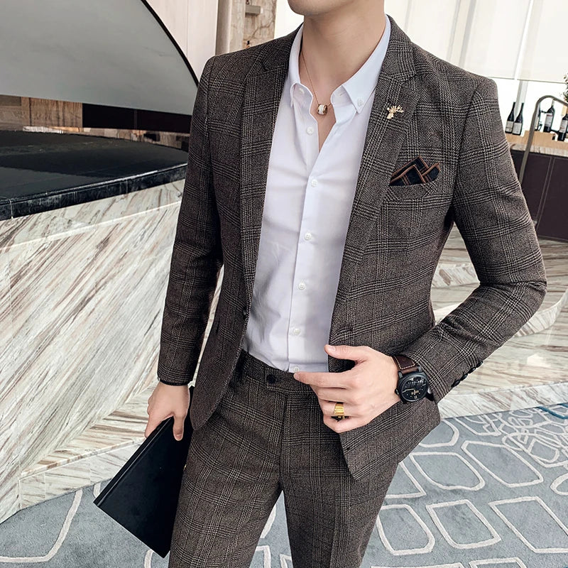 Threebooy 6XL 7XL (Blazer+Pants) Brand Men's Formal Business Suits Two-Piece Set Groom Wedding Party Dress Solid Color Plaid Tuxedo Jacket