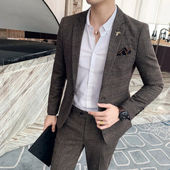 Threebooy 6XL 7XL (Blazer+Pants) Brand Men's Formal Business Suits Two-Piece Set Groom Wedding Party Dress Solid Color Plaid Tuxedo Jacket