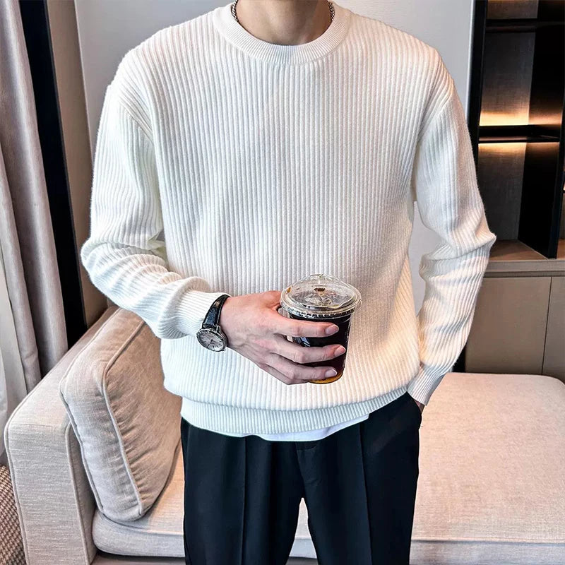 Threebooy  New Korean Retro Men Basic Sweater Luxury Knitted Solid Color O Neck Long Sleeve Pullover Casual Slim Premium Quality Knitwear