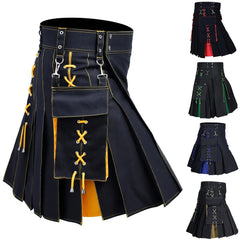 Threebooy Mens Pocket Tie Rope Scottish Skirt 2024 New Genderless Casual Fashion Medieval Retro Steampunk Contrast Color Skirt Unisex