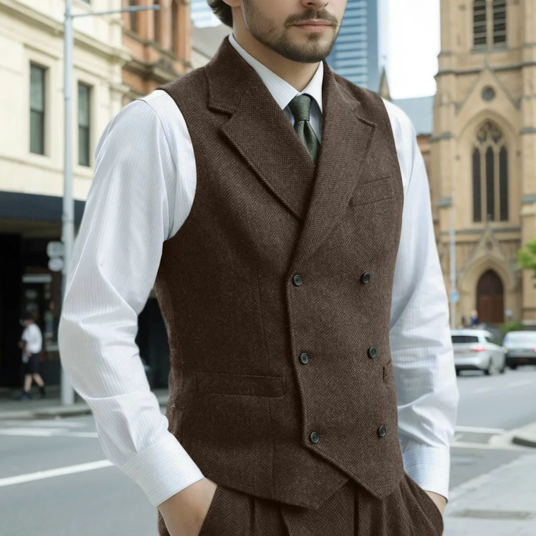 Threebooy  Men Vest Army Green Herringbone Double Button With Lapel Waistcoat For Wedding Business Office Work Daily Casual Men Suit Vest