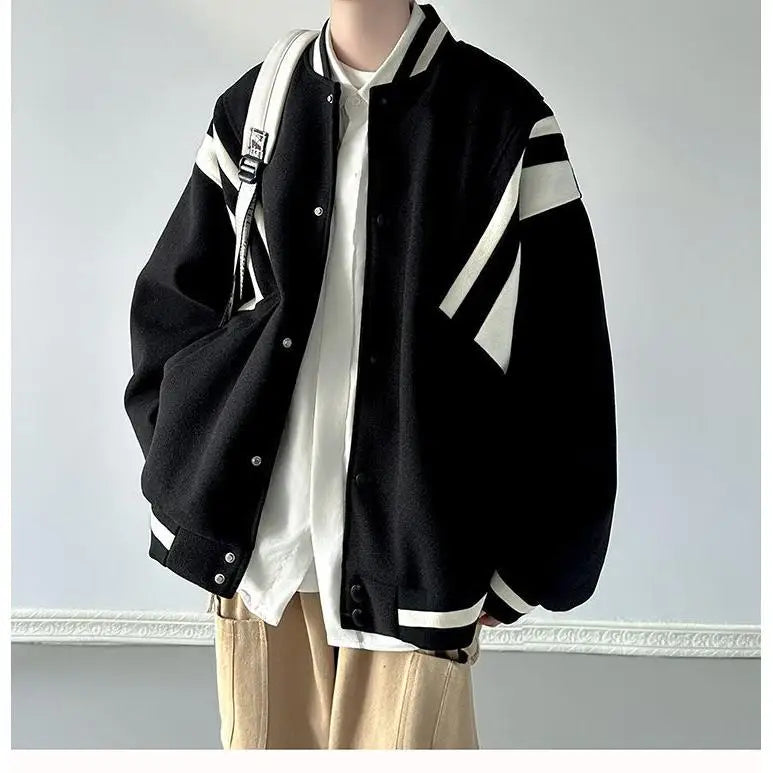 Threebooy  Preppy Coat American Retro Contrasting Baseball Uniform Jacket Men's Autumn Winter Style Trendy Niche High-end O-neck Jacket