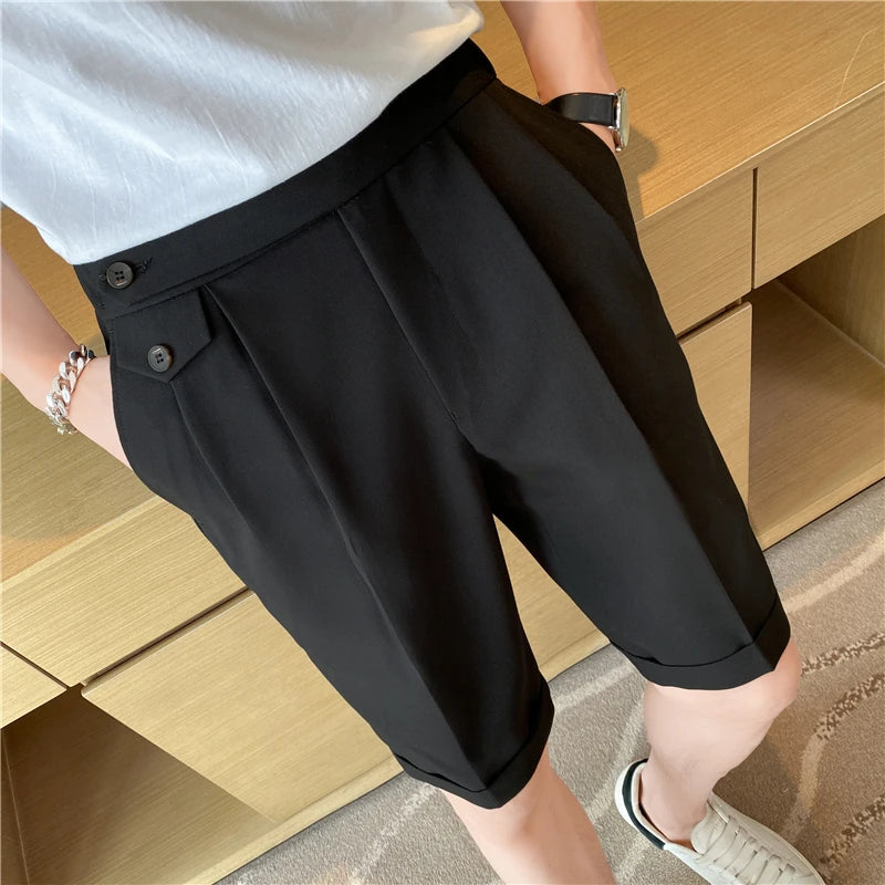 Threebooy  Summer New Elastic Waist Knee Length Business Formal Wear Straight Shorts Men Clothing Simple Slim Fit Casual Short Homme