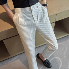 Threebooy British Style Men Business Stripe Dress Pants Men Belt Design Slim Trousers Formal Office Social Wedding Party Dress Suit Pant