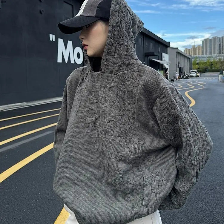 Threebooy Autumn and winter American fashion men and women knitted hooded couple loose retro personality Harajuku casual sweater y2k
