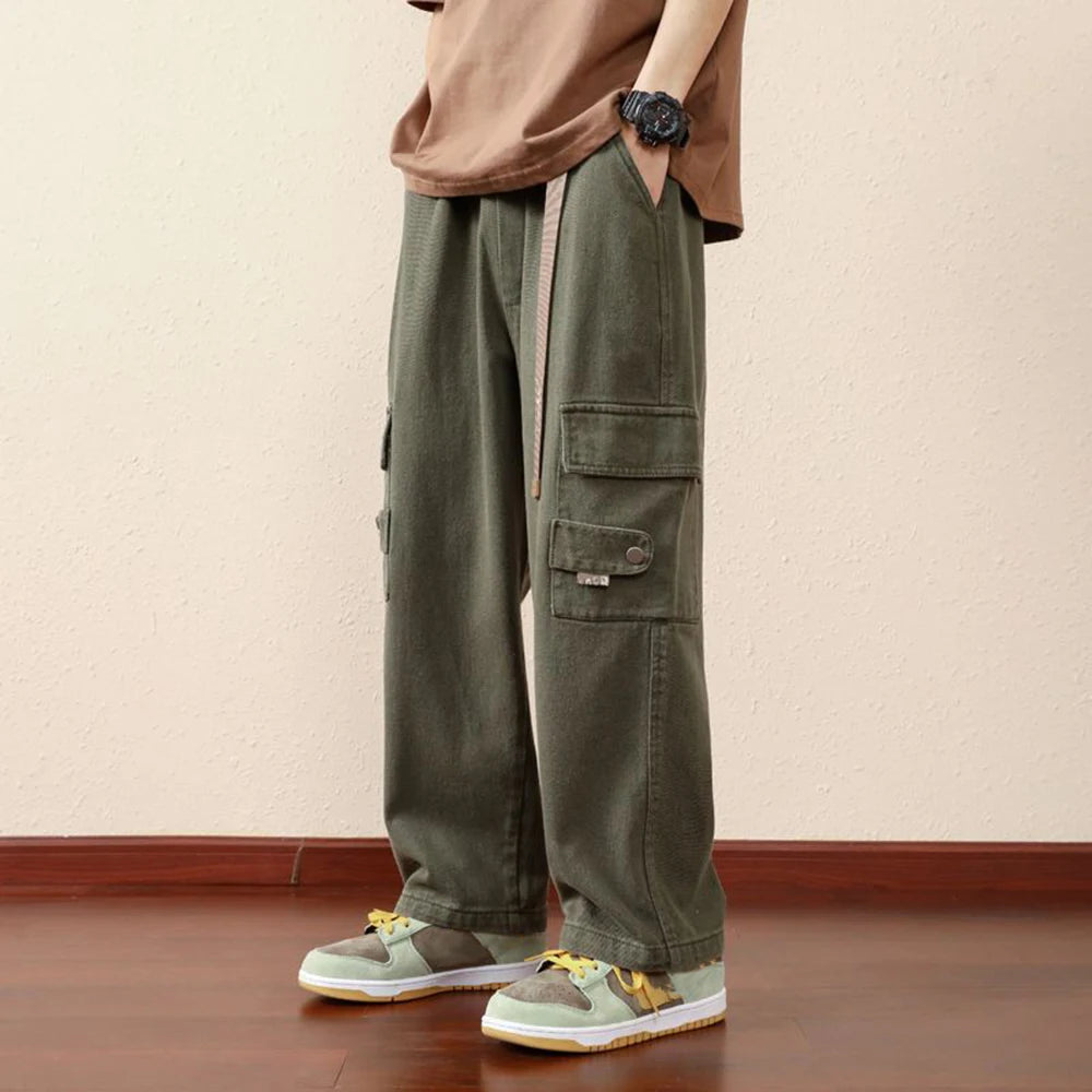 Threebooy Mens Casual Cargo Pants Hip-Hop Solid Color High Street Retro Loose Japanese Straight Pants Spring and Autumn New Style