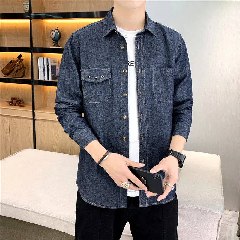 Threebooy Denim Shirt for Men Jeans Cotton Long Sleeve Blue Blazer Button Up Y2K Casual Spring Summer Cardigan Loose Fashion  Black Coat