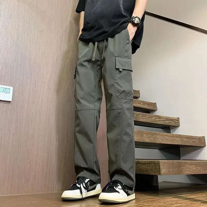 Threebooy  Male Trousers Spring Summer Wide Black Men's Straight Cargo Pants New in Nylon Fashion Emo Cheap Korean Style Harajuku Loose