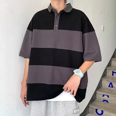 Threebooy  Japanese Retro Striped Polo Shirt For Men Summer Casual Short Sleeve Colorblock Polo T-shirt Golf Wear Lapel Shirts Clothes