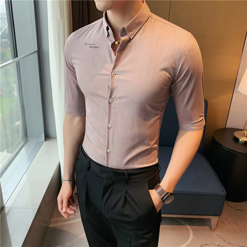 Threebooy Men Embroidery Shirt Striped Casual Short Sleeve Cotton Business Oxford Man Button Up Shirt Solid with Front Pocket Leisure