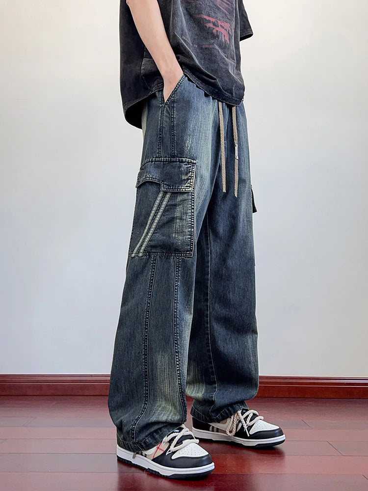 Threebooy Summer Men's Jeans Flap Pockets Lightweight Denim Cargo Pants Big Size 8XL 7XL 6XL Wide Leg Baggy Jeans Straight Trousers