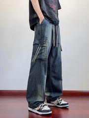 Threebooy Summer Men's Jeans Flap Pockets Lightweight Denim Cargo Pants Big Size 8XL 7XL 6XL Wide Leg Baggy Jeans Straight Trousers