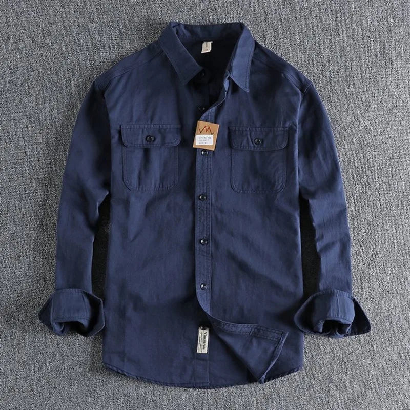 Threebooy  British Style Retro Long Sleeve Shirt Coat Men Spring  Autumn Twill Cotton Versatile Solid Color Male Cargo Work Shirts